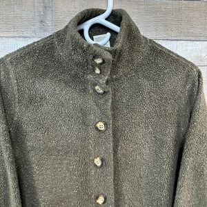 LL Bean Womens Speckled Fleece Jacket Button Front Stand Collar Brown Small